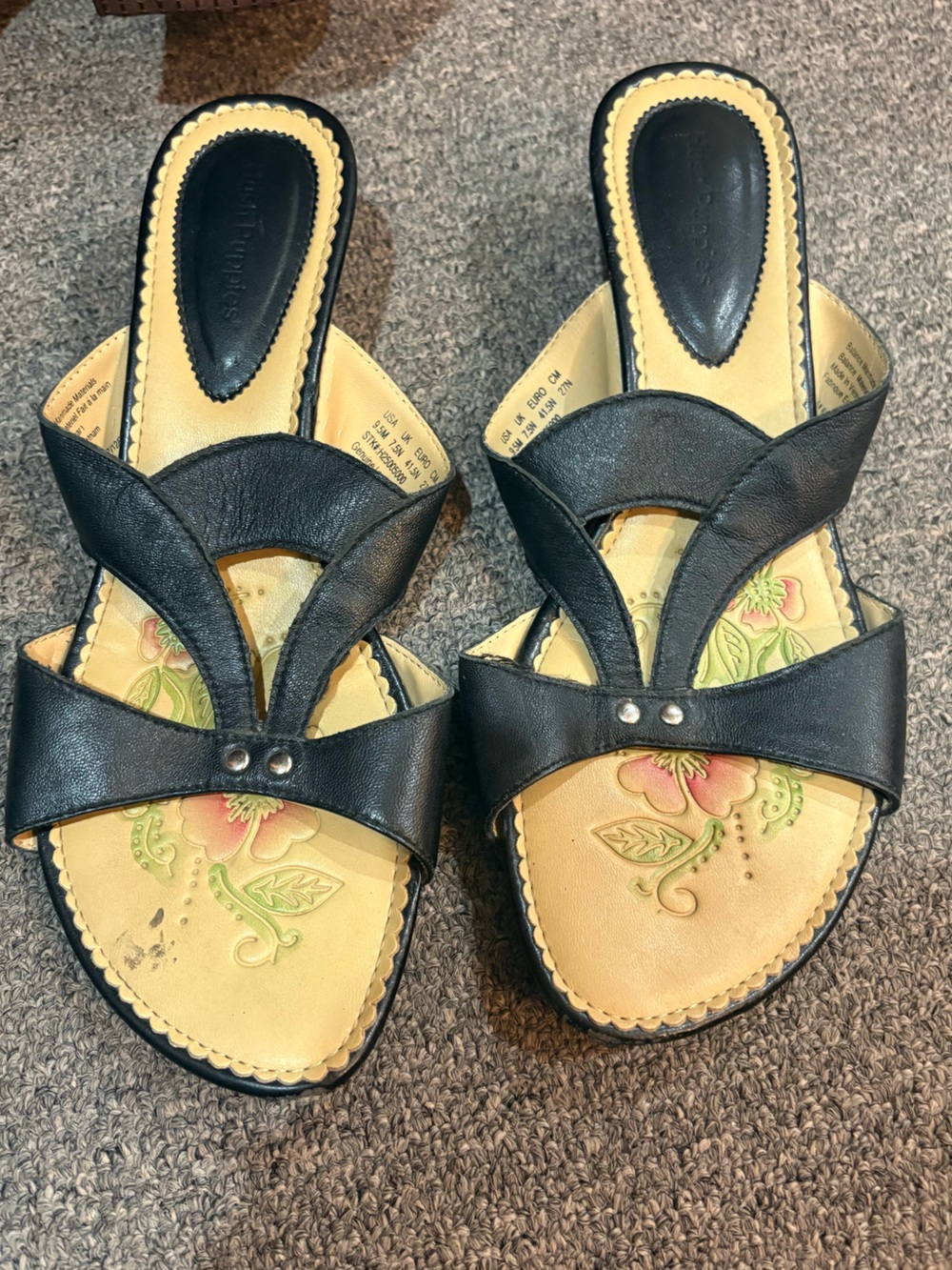 Black Leather Slide Sandals with Floral Insole